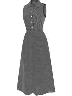Online Retro Stage 1940s Lapel Stripes Sleeveless Dress