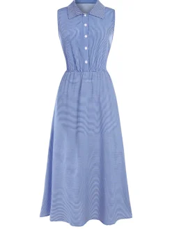 Online Retro Stage 1940s Lapel Stripes Sleeveless Dress
