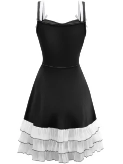 Fashion Retro Stage 1950s Layered Hem Contrast Bow Strap Dress