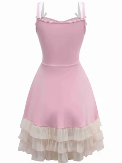 Fashion Retro Stage 1950s Layered Hem Contrast Bow Strap Dress
