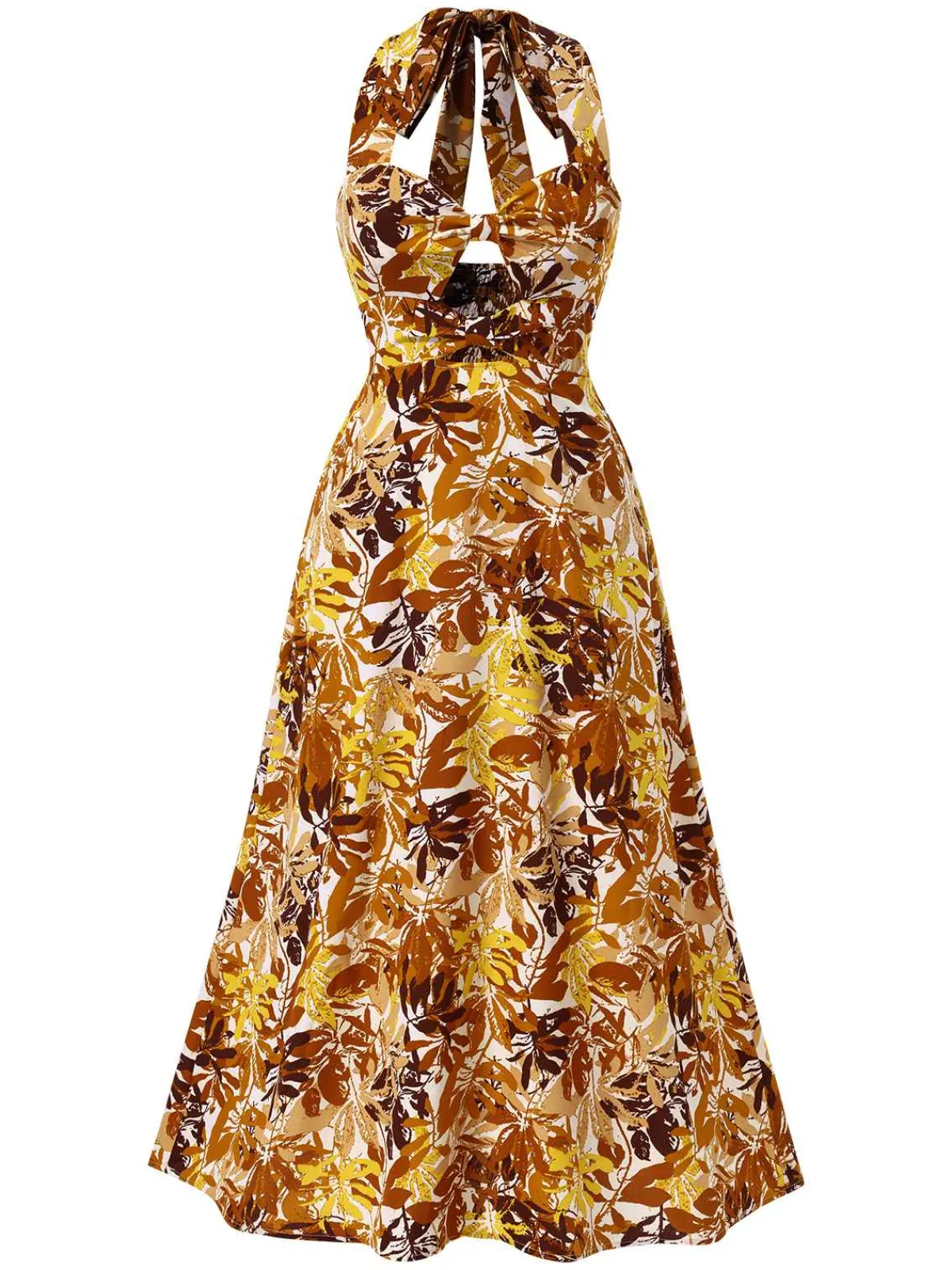 Hot Retro Stage 1930s Leaves Silhouette Hollow-Out Halter Dress Brown & Yellow
