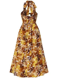 Hot Retro Stage 1930s Leaves Silhouette Hollow-Out Halter Dress Brown & Yellow