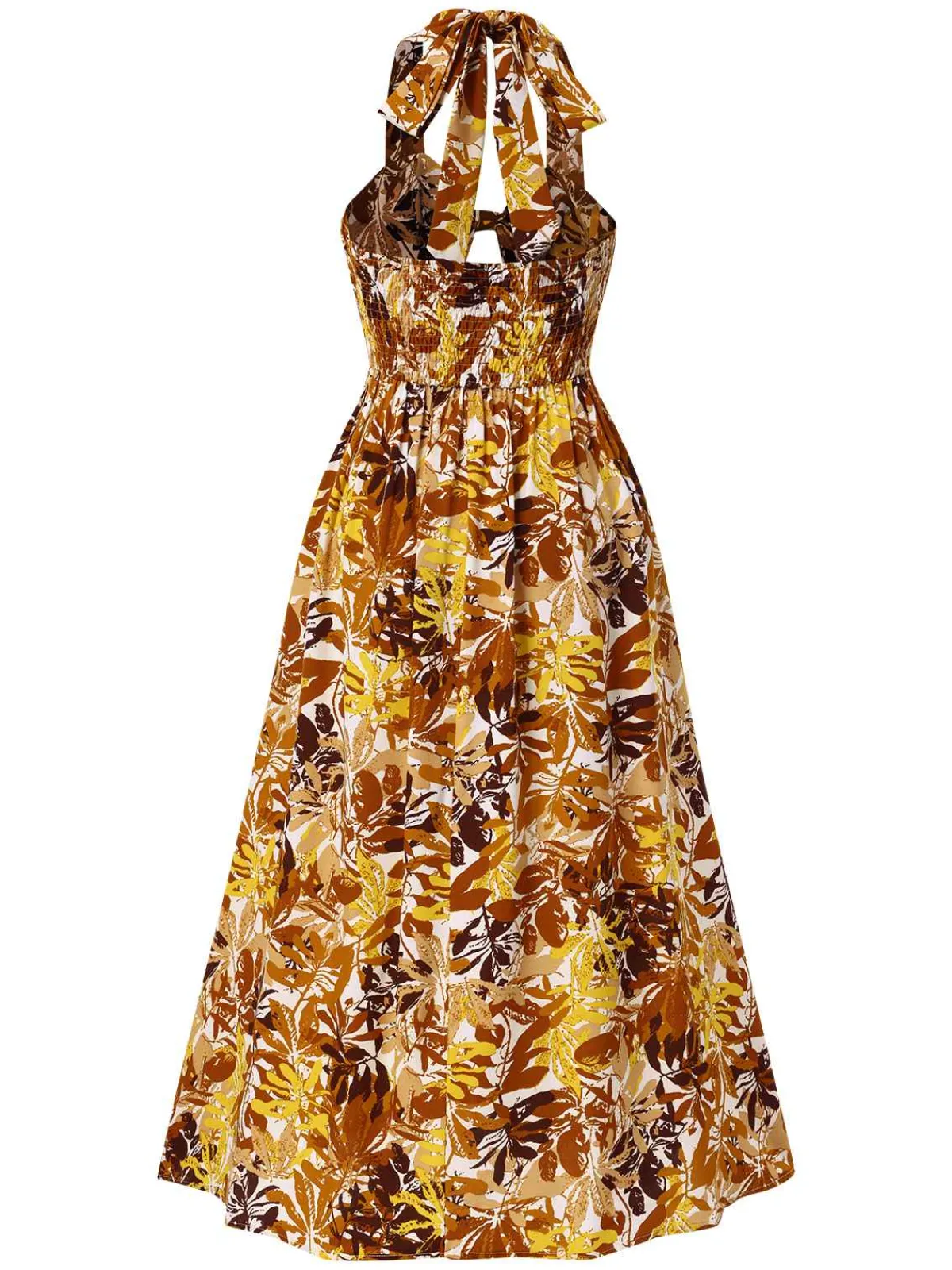 Hot Retro Stage 1930s Leaves Silhouette Hollow-Out Halter Dress Brown & Yellow