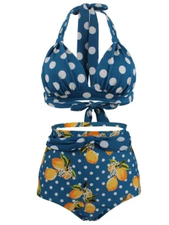Outlet Retro Stage 1950s Lemon Polka Dot Halter Bikini Blue