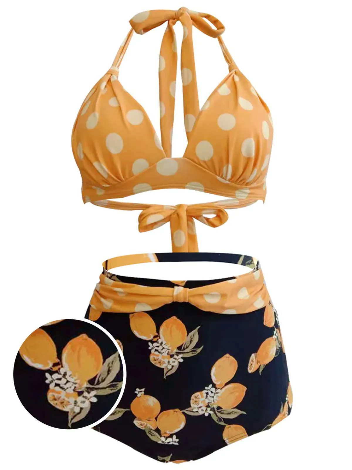 Sale Retro Stage 1950s Lemon Polka Dot Halter Bikini Yellow