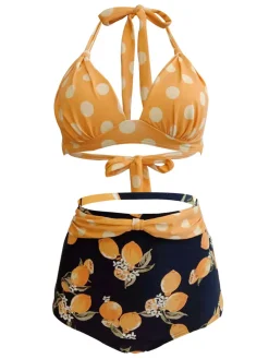 Sale Retro Stage 1950s Lemon Polka Dot Halter Bikini Yellow