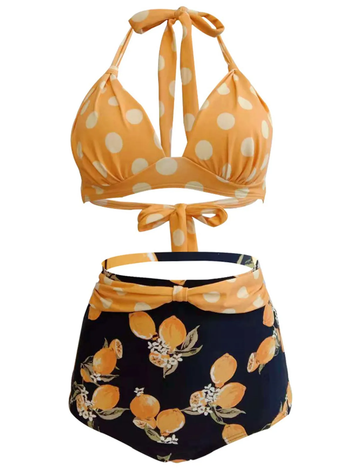 Sale Retro Stage 1950s Lemon Polka Dot Halter Bikini Yellow