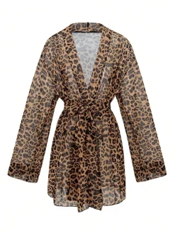 Fashion Retro Stage 1960s Beach Lace-Up Cover-Up Leopard