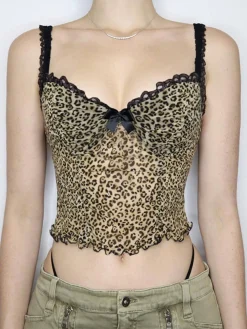 Hot Retro Stage 1980s Leopard Bow Crop Camisole Brown