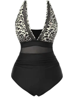 Best Retro Stage 1950s Leopard Deep V-Neck Patchwork Swimsuit Brown