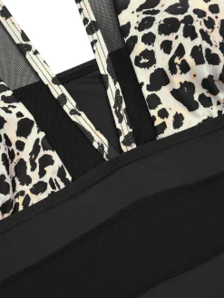 Best Retro Stage 1950s Leopard Deep V-Neck Patchwork Swimsuit Brown