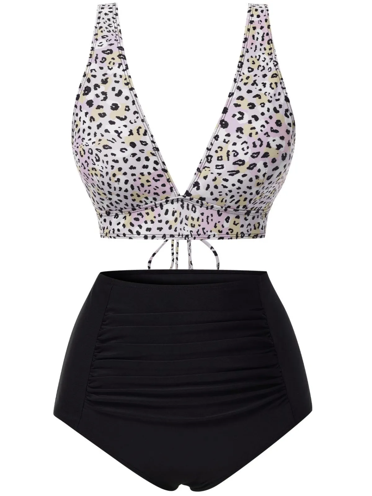 New Retro Stage 1950s Leopard Print Deep V-Neck Lace-Up Bikini Set