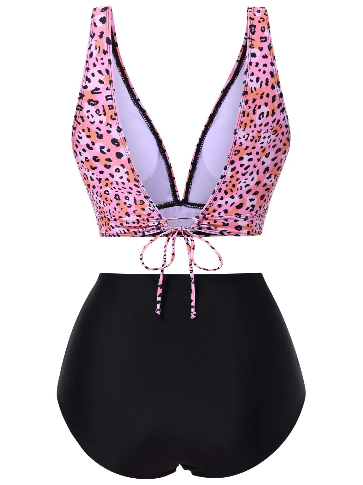 New Retro Stage 1950s Leopard Print Deep V-Neck Lace-Up Bikini Set