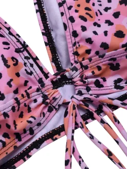 New Retro Stage 1950s Leopard Print Deep V-Neck Lace-Up Bikini Set