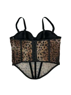 Discount Retro Stage 1980s Leopard Print Spaghetti Strap Herringbone Corset Light Coffee