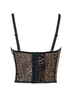 Discount Retro Stage 1980s Leopard Print Spaghetti Strap Herringbone Corset Light Coffee
