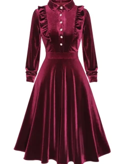 Sale Retro Stage 1950s Long Seelve Velvet Swing Dress Wine Red