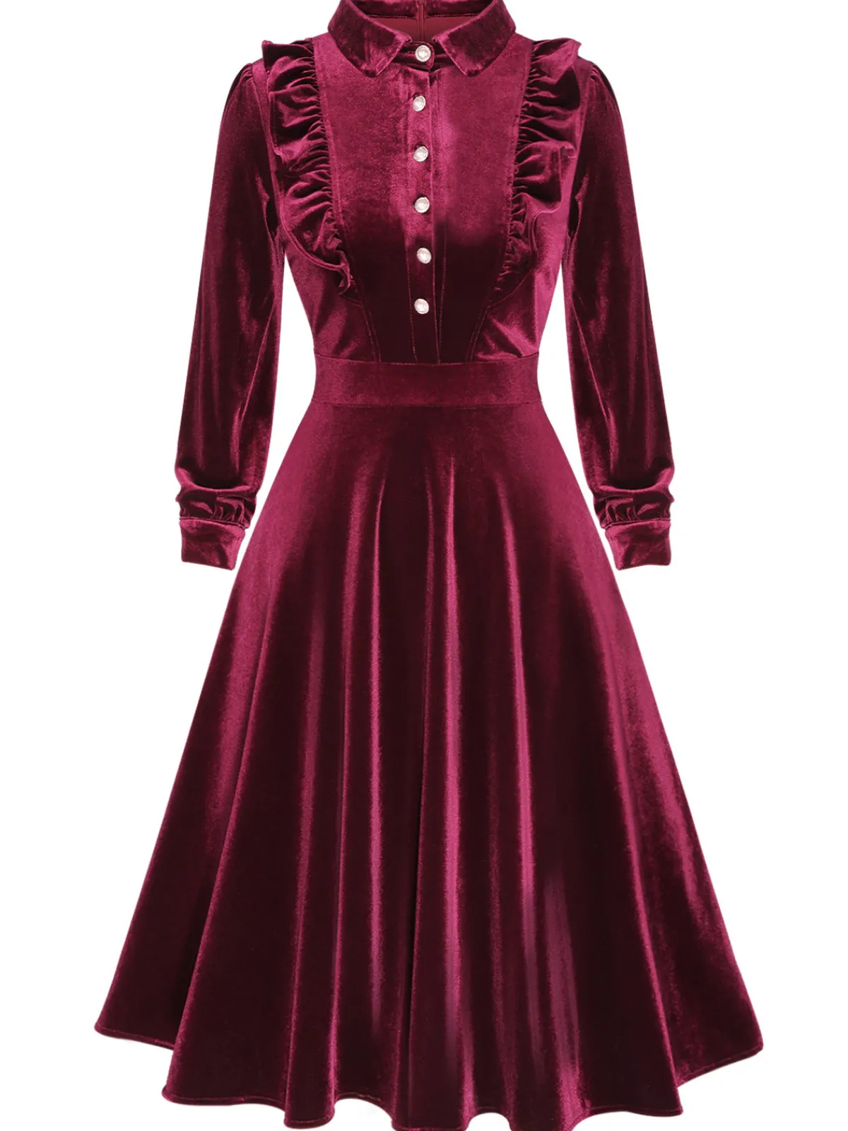 Sale Retro Stage 1950s Long Seelve Velvet Swing Dress Wine Red