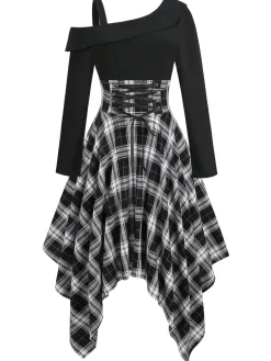 Outlet Retro Stage 1950s Long Sleeve Patchwork Swing Dress