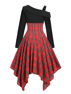 Outlet Retro Stage 1950s Long Sleeve Patchwork Swing Dress