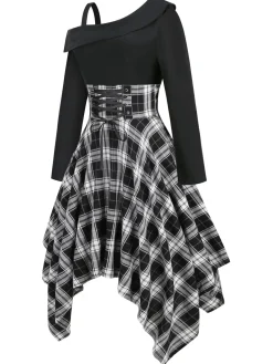 Outlet Retro Stage 1950s Long Sleeve Patchwork Swing Dress