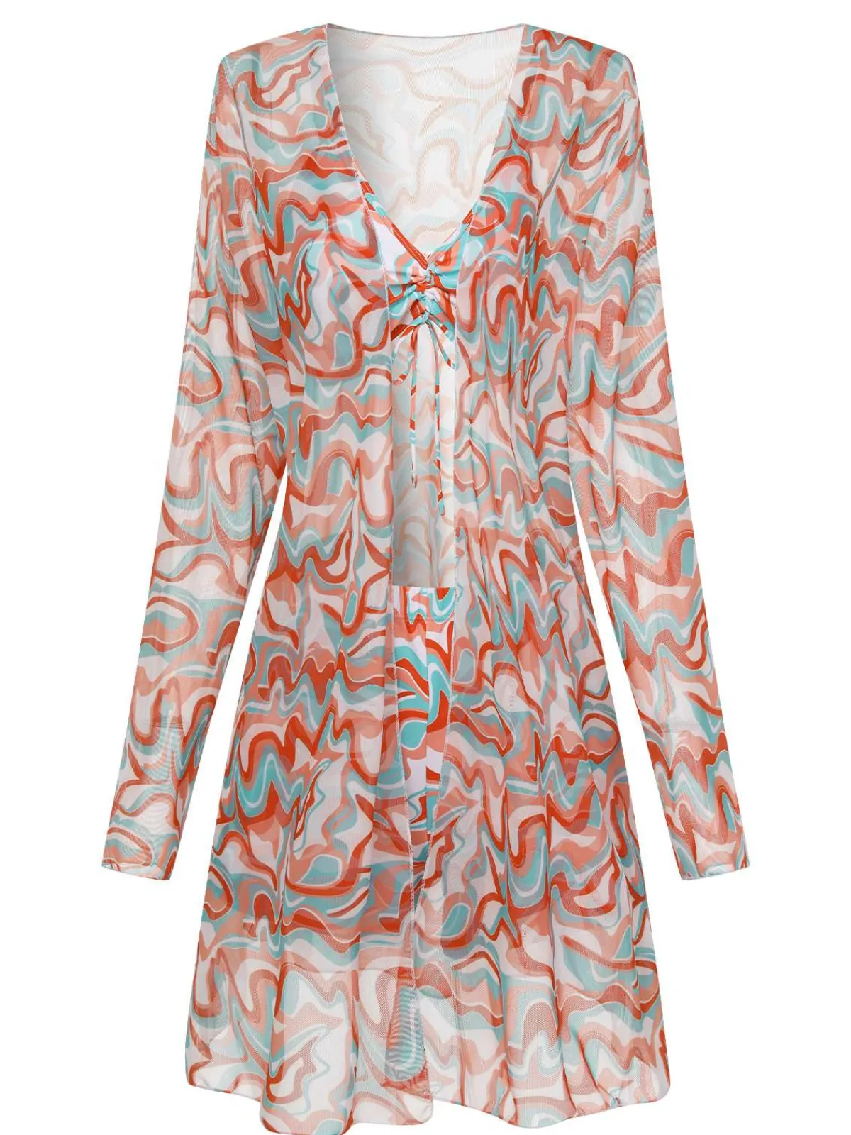 Online Retro Stage 1950s Marble Print Strap Drawstring Swimsuit