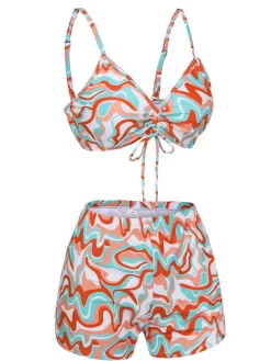 Online Retro Stage 1950s Marble Print Strap Drawstring Swimsuit