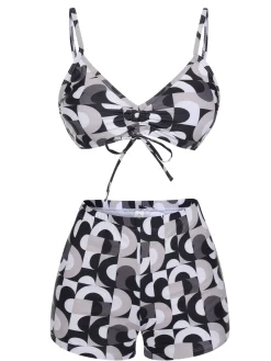 Online Retro Stage 1950s Marble Print Strap Drawstring Swimsuit