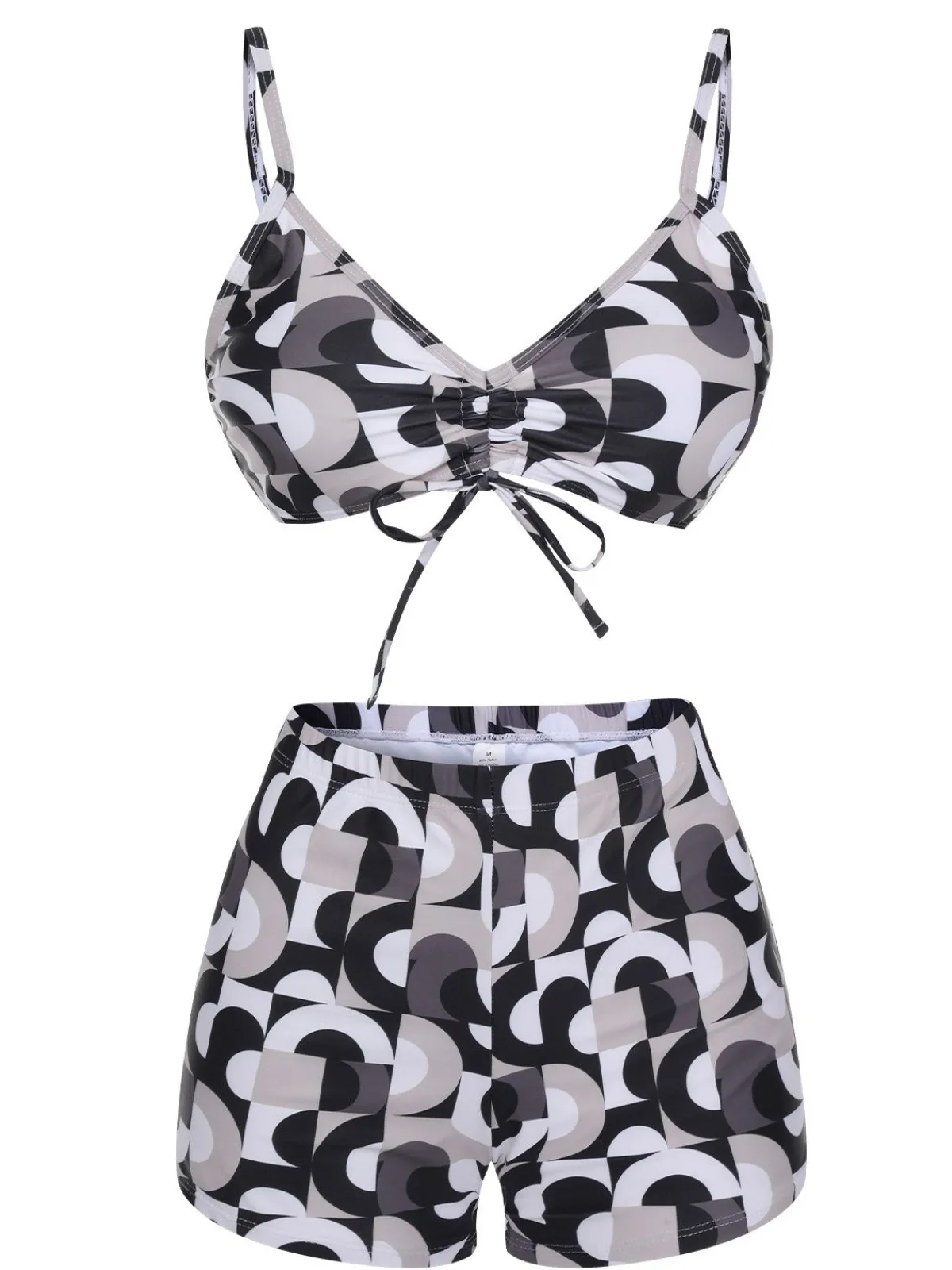 Online Retro Stage 1950s Marble Print Strap Drawstring Swimsuit