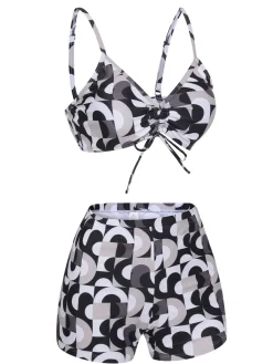 Online Retro Stage 1950s Marble Print Strap Drawstring Swimsuit
