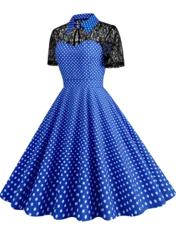 Online Retro Stage 1950s Mesh Patchwork Polka Dot Dress