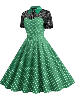Online Retro Stage 1950s Mesh Patchwork Polka Dot Dress