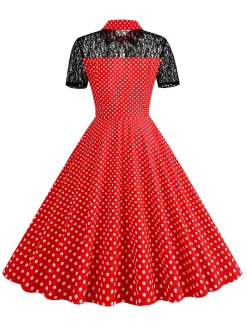 Online Retro Stage 1950s Mesh Patchwork Polka Dot Dress