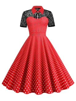 Online Retro Stage 1950s Mesh Patchwork Polka Dot Dress