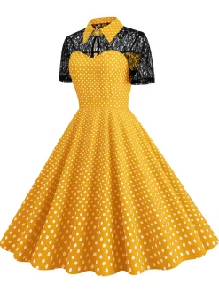 Online Retro Stage 1950s Mesh Patchwork Polka Dot Dress