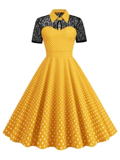 Online Retro Stage 1950s Mesh Patchwork Polka Dot Dress