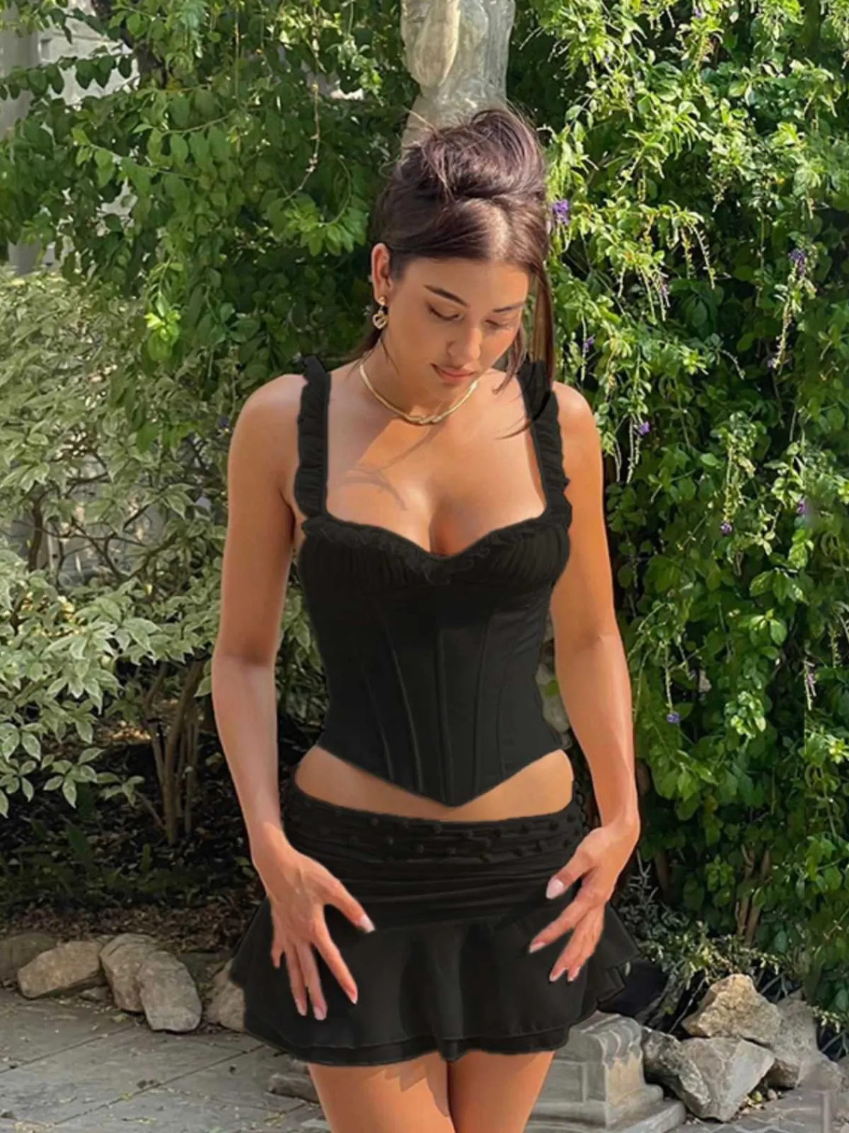 New Retro Stage 1960s Mesh Patchwork Ruffled Corset Camisole
