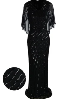 Discount Retro Stage 1920s Mesh Sequined Cape Maxi Dress Black