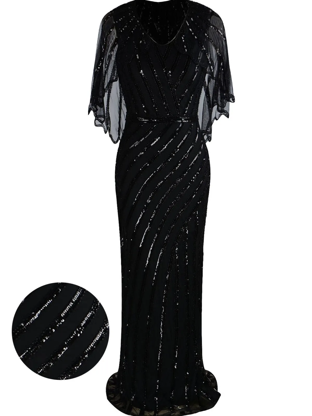 Discount Retro Stage 1920s Mesh Sequined Cape Maxi Dress Black
