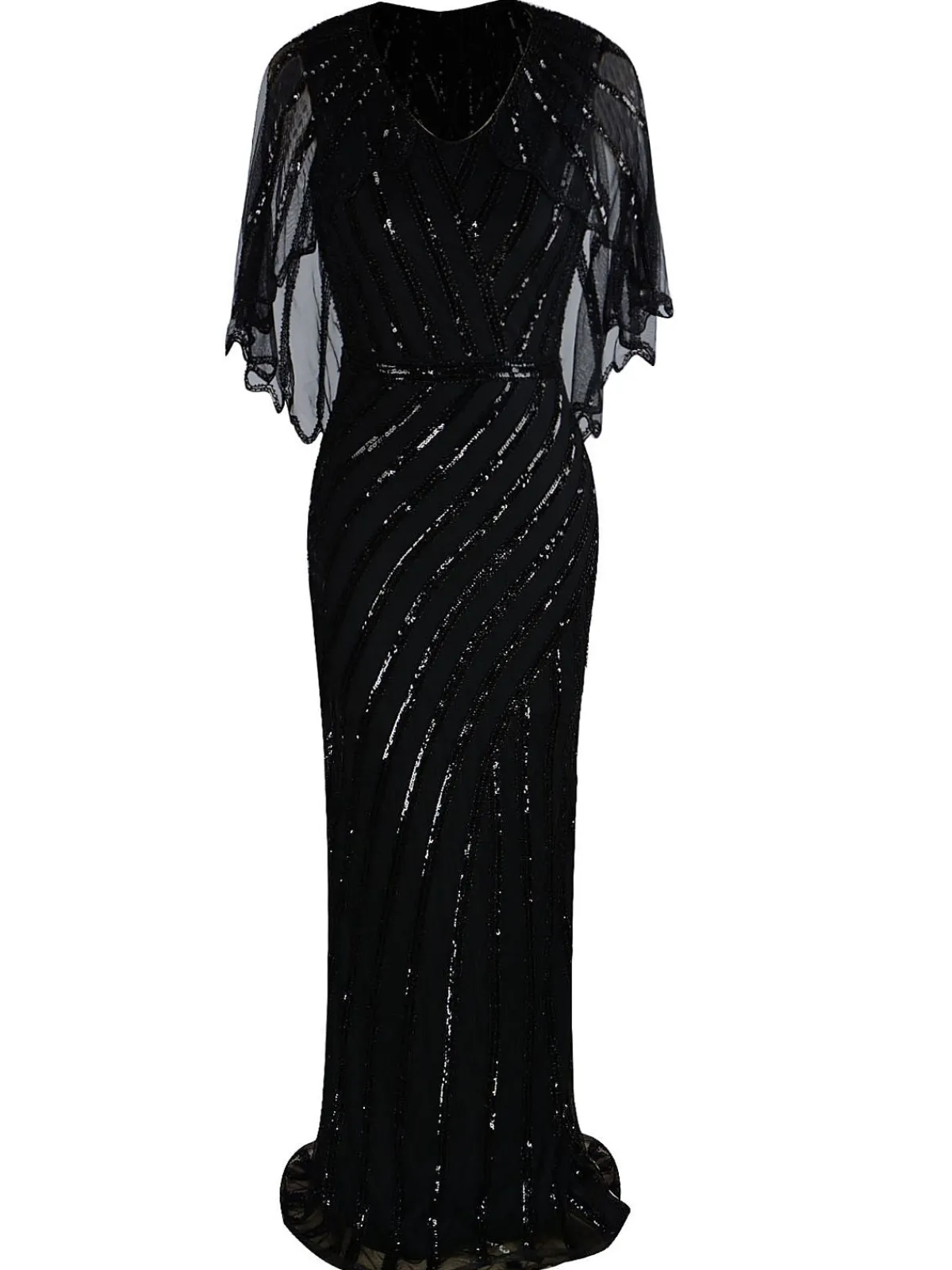 Discount Retro Stage 1920s Mesh Sequined Cape Maxi Dress Black