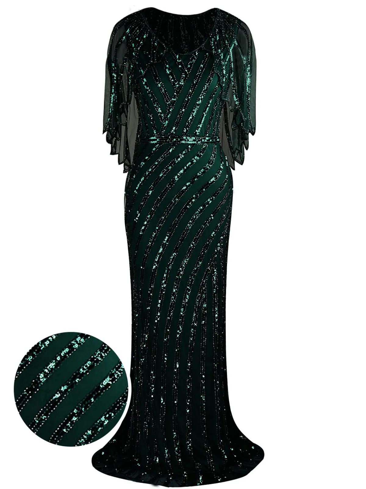 Discount Retro Stage 1920s Mesh Sequined Cape Maxi Dress Black
