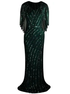Discount Retro Stage 1920s Mesh Sequined Cape Maxi Dress Black