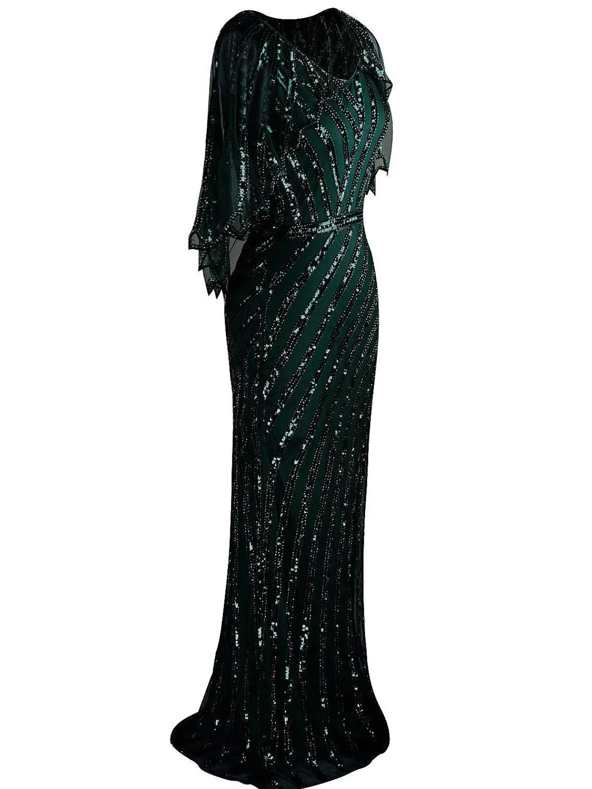 Discount Retro Stage 1920s Mesh Sequined Cape Maxi Dress Black