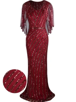 Discount Retro Stage 1920s Mesh Sequined Cape Maxi Dress Black