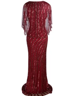 Discount Retro Stage 1920s Mesh Sequined Cape Maxi Dress Black