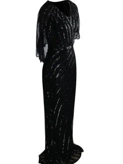 Discount Retro Stage 1920s Mesh Sequined Cape Maxi Dress Black