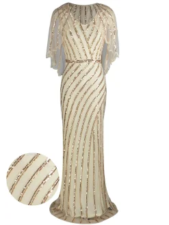 Discount Retro Stage 1920s Mesh Sequined Cape Maxi Dress Black