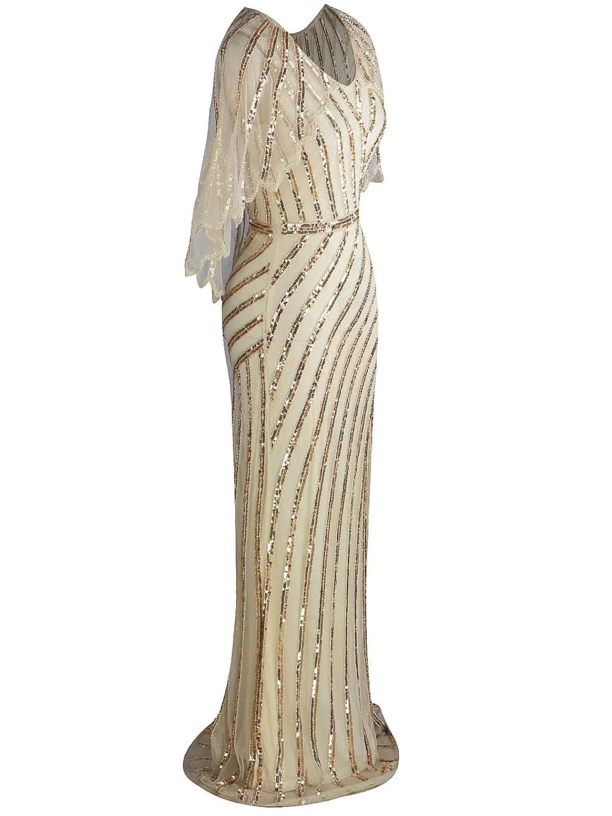Discount Retro Stage 1920s Mesh Sequined Cape Maxi Dress Black