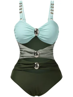 Best Retro Stage 1950s Metal Button Hollow One-Piece Swimsuit