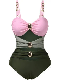 Best Retro Stage 1950s Metal Button Hollow One-Piece Swimsuit